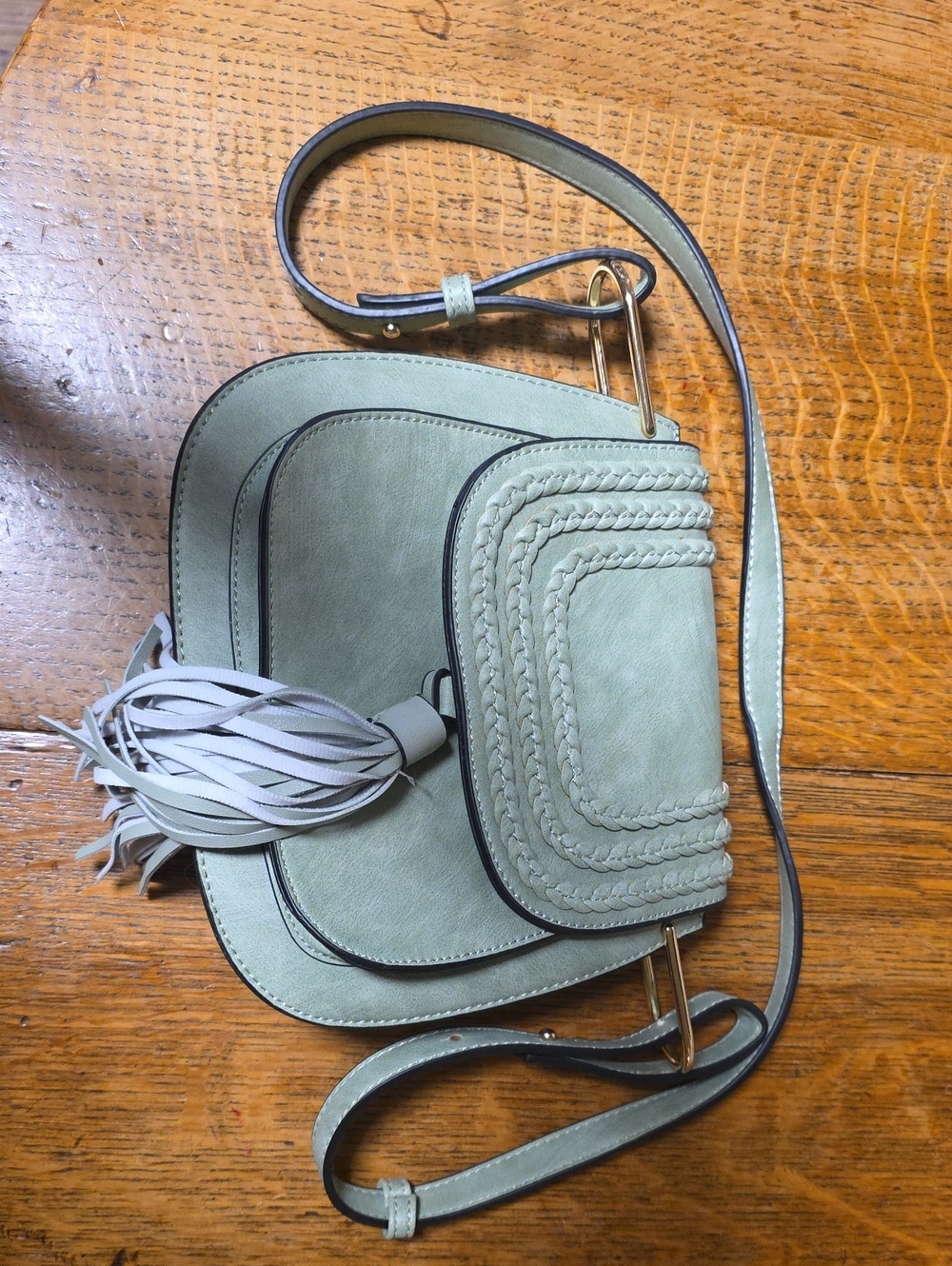 BRAND NEW Women's Crossbody Saddle Bag in Sage Green with Tassel